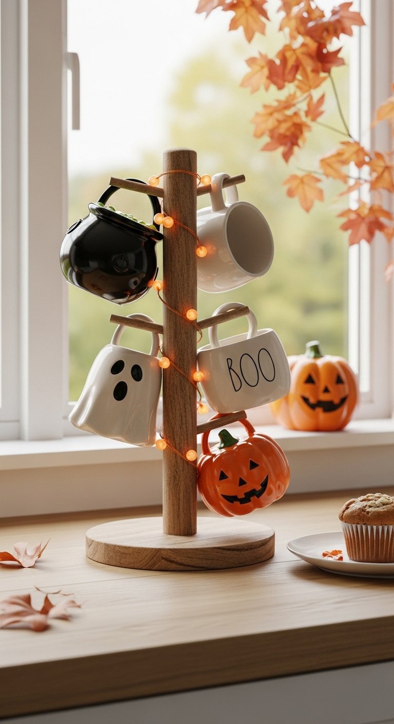 Rustic wooden mug tree with cauldron, ghost, BOO, and pumpkin Halloween mugs wrapped with orange fairy lights and a pumpkin spice muffin