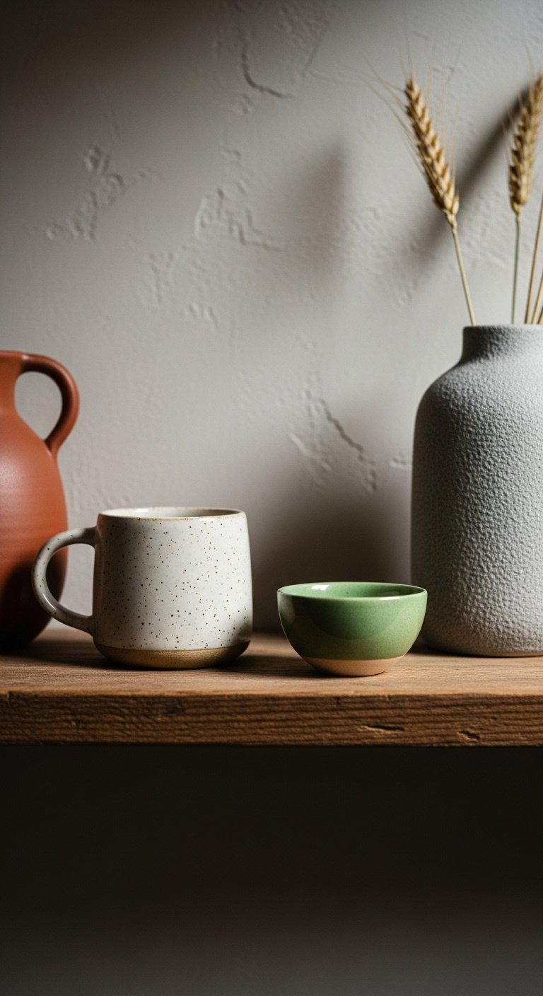 Rustic wooden shelf with handmade stoneware pottery, speckled mug, matte green bowl, textured grey vase, dried wheat stalks, soft natural light