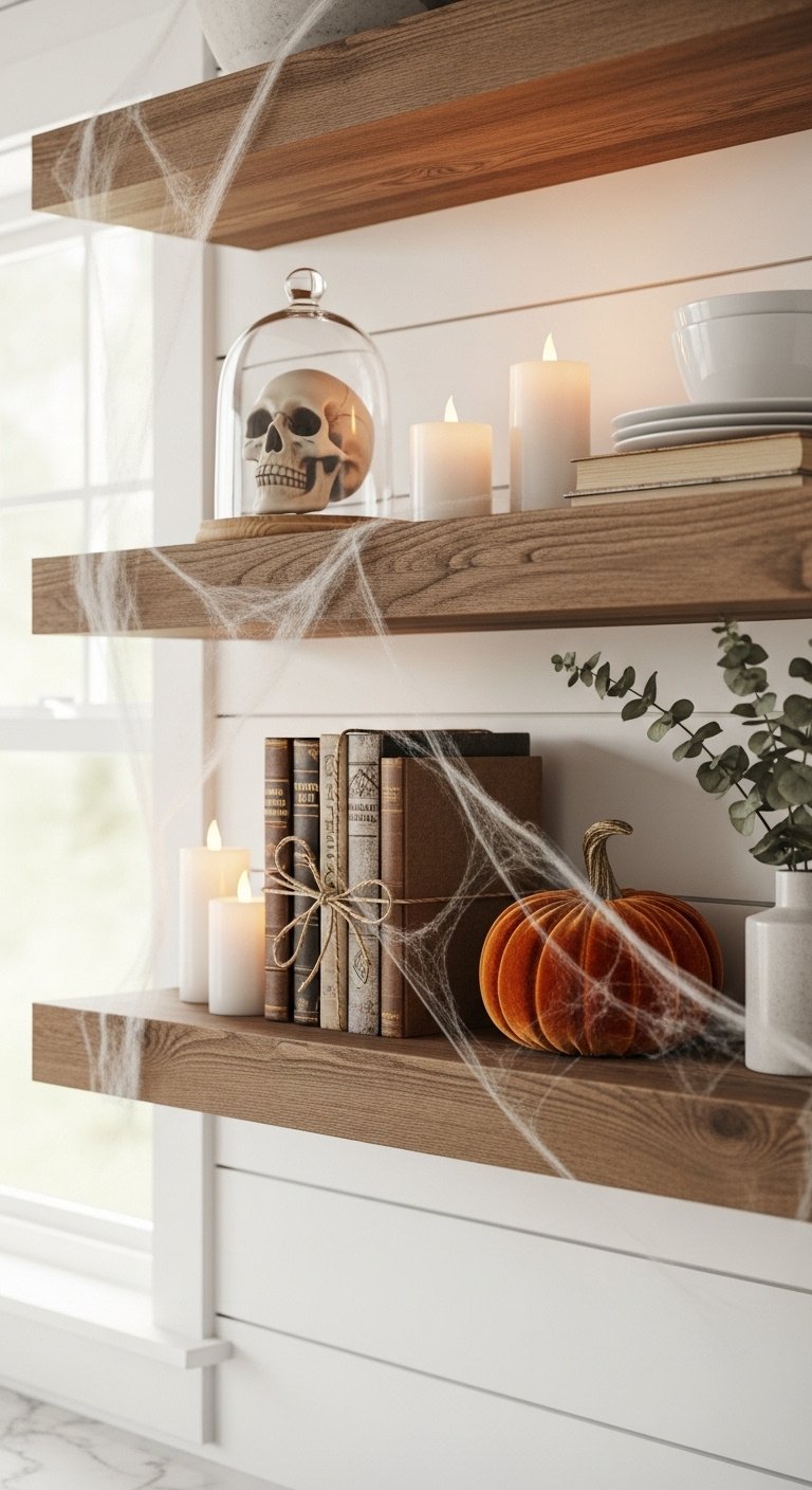 Rustic wooden shelves with a skull, vintage books, LED candles, velvet pumpkin, and cobwebs in a Halloween kitchen