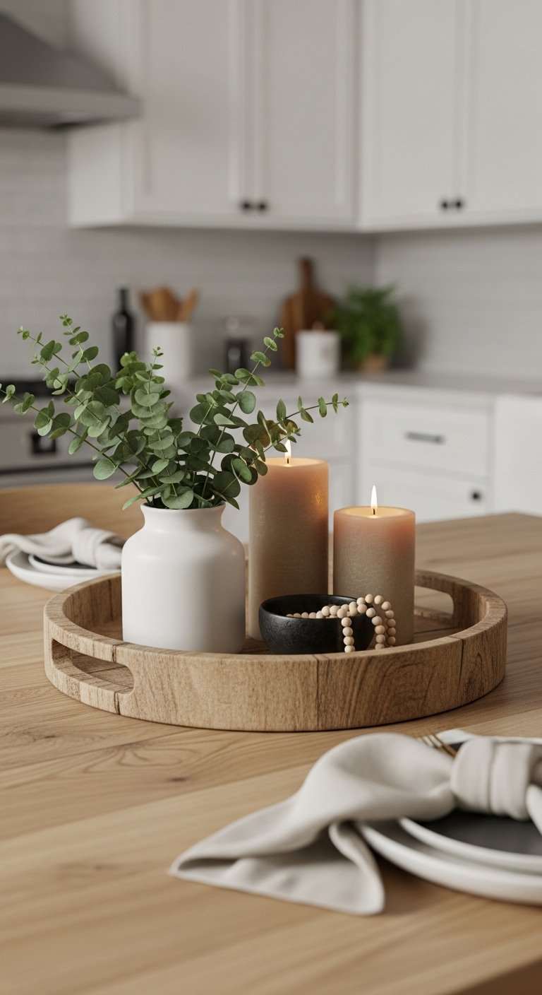 Rustic wooden tray centerpiece on a light oak kitchen table with eucalyptus, pillar candles, and wooden beads in natural light