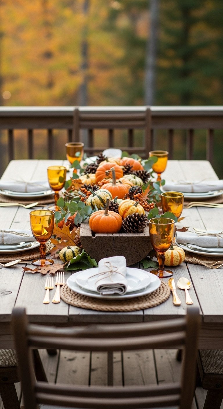 Rustic woodland harvest Thanksgiving table with wooden trencher centerpiece mini pumpkins gourds pinecones and fall foliage