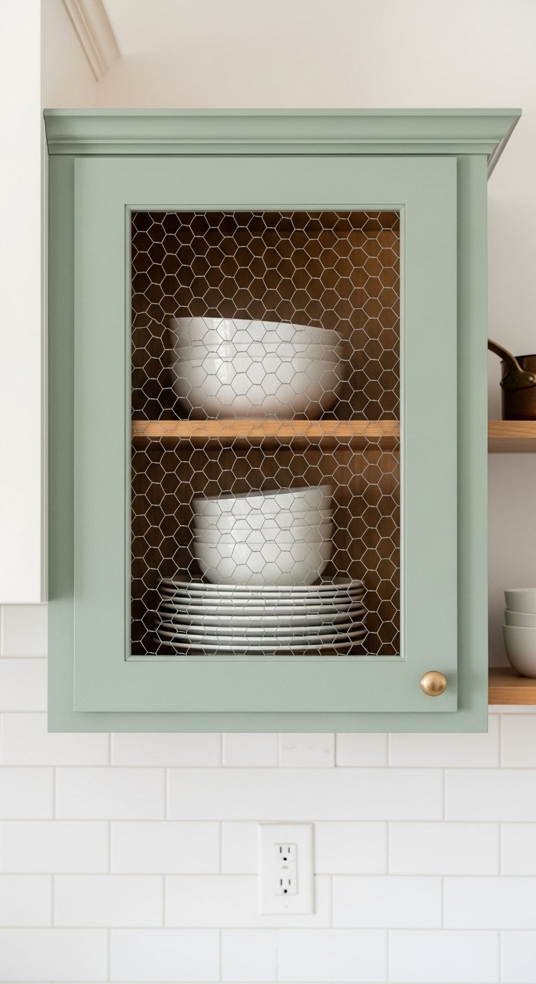 Sage green French countryside kitchen cabinet with chicken wire door and white ceramic plates inside a blurred kitchen