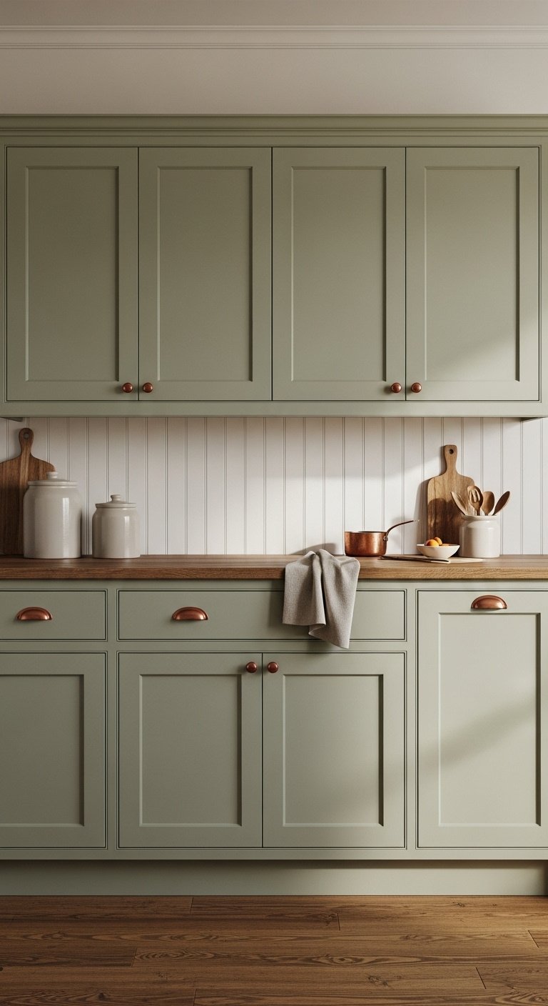 Sage green Shaker cabinets with wood countertop and beadboard backsplash, styled with stoneware crocks and copper pot