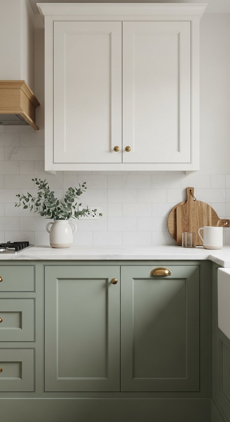 Sage green and creamy white shaker kitchen cabinets with a ceramic vase and wooden cutting board in a bright farmhouse kitchen