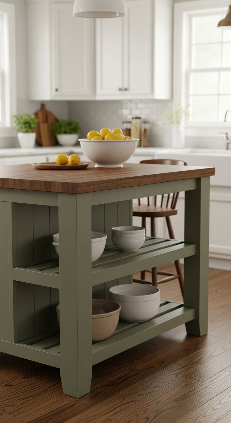 Sage green farmhouse kitchen island with butcher block top, open shelving, lemons, and a wooden stool