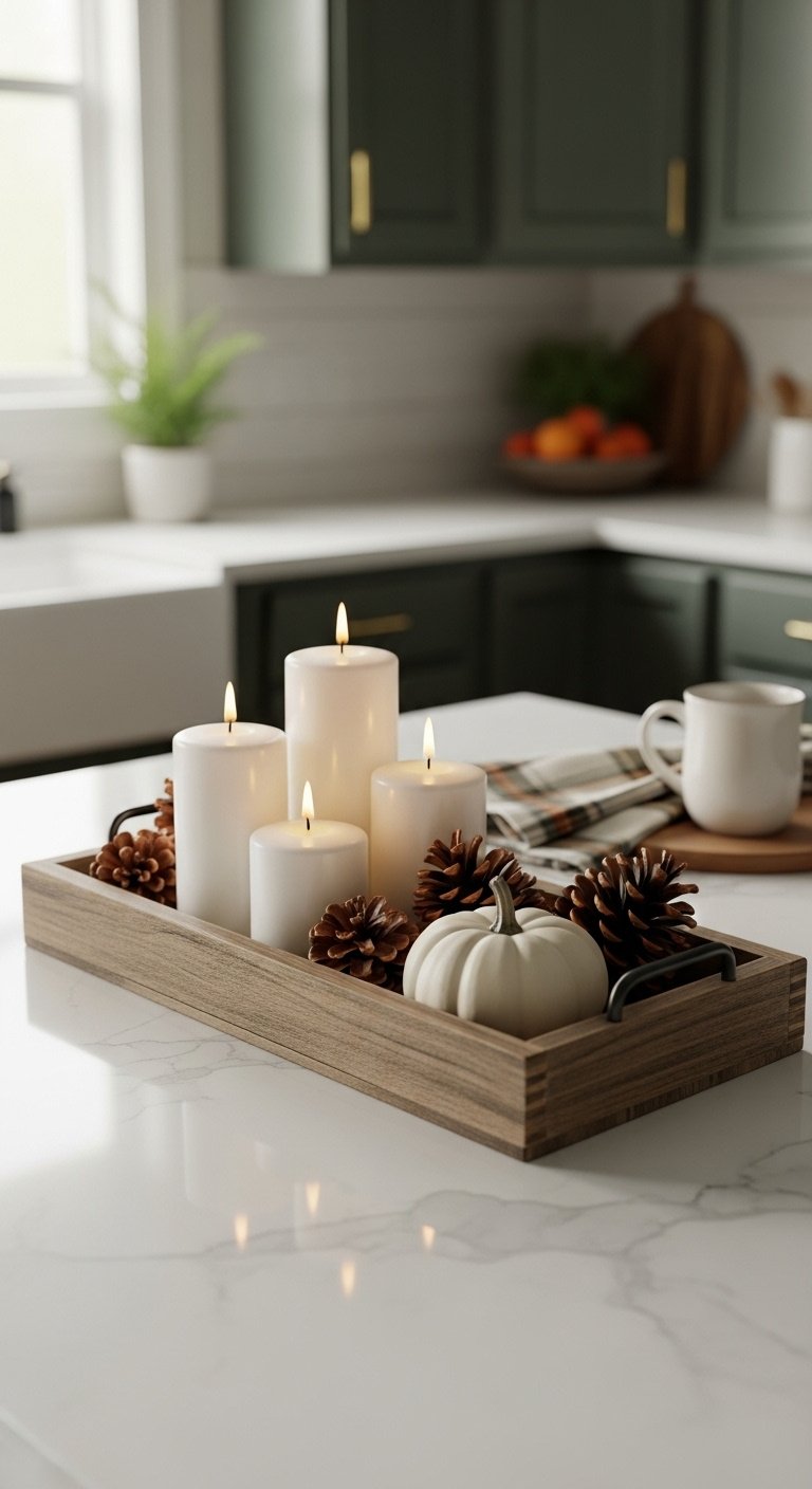 Sage green graphic with text alongside a white marble kitchen island featuring a rustic wooden tray and eucalyptus vase