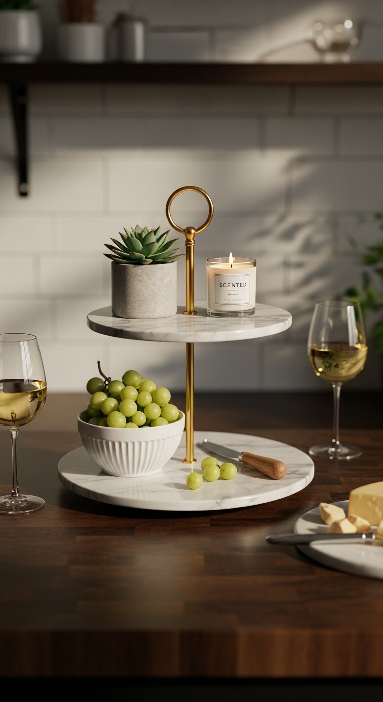 Sage green graphic with text alongside a white marble kitchen island featuring a rustic wooden tray and eucalyptus vase