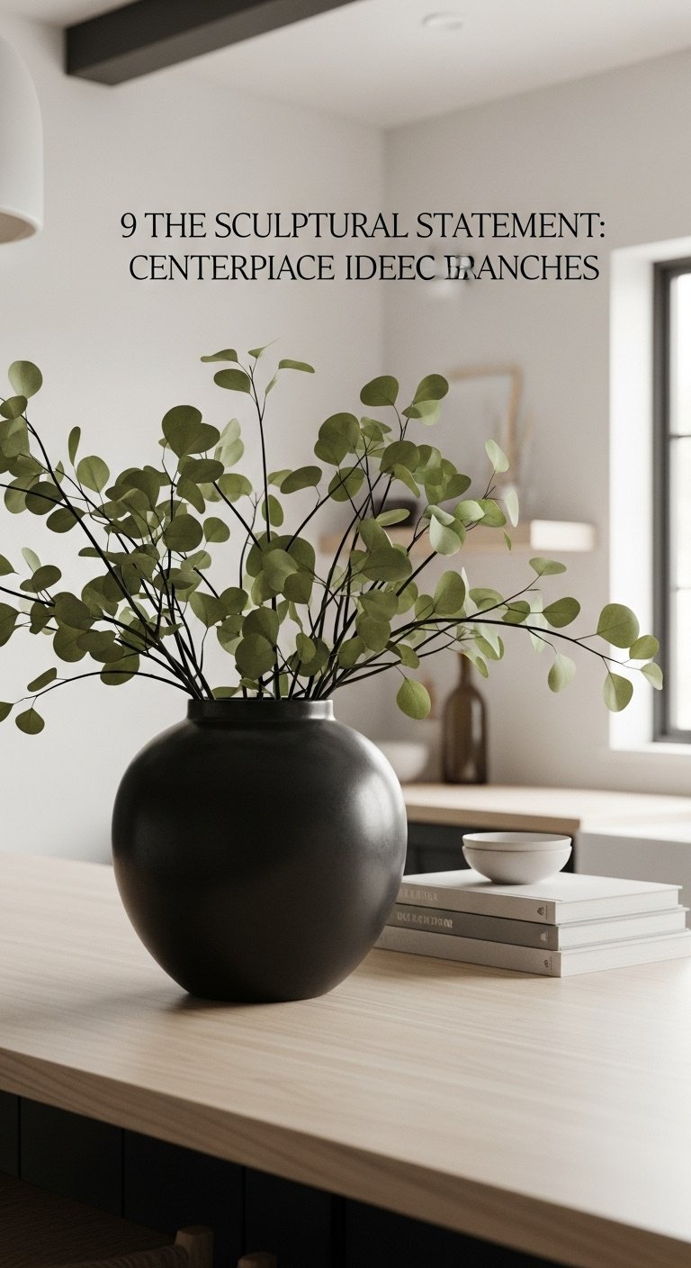 Sage green graphic with text alongside a white marble kitchen island featuring a rustic wooden tray and eucalyptus vase