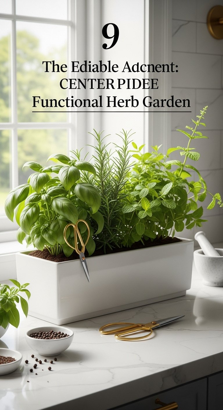 Sage green graphic with text alongside a white marble kitchen island featuring a rustic wooden tray and eucalyptus vase