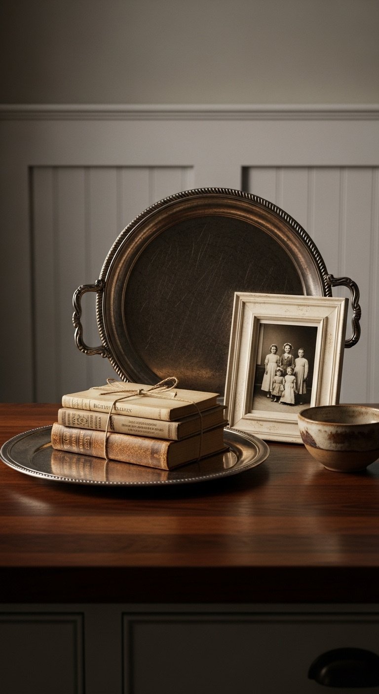 Sage green graphic with text alongside a white marble kitchen island featuring a rustic wooden tray and eucalyptus vase