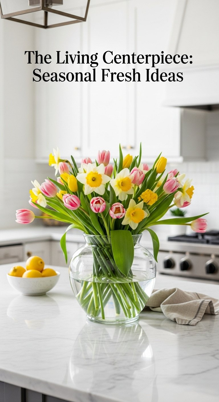 Sage green graphic with text alongside a white marble kitchen island featuring a rustic wooden tray and eucalyptus vase
