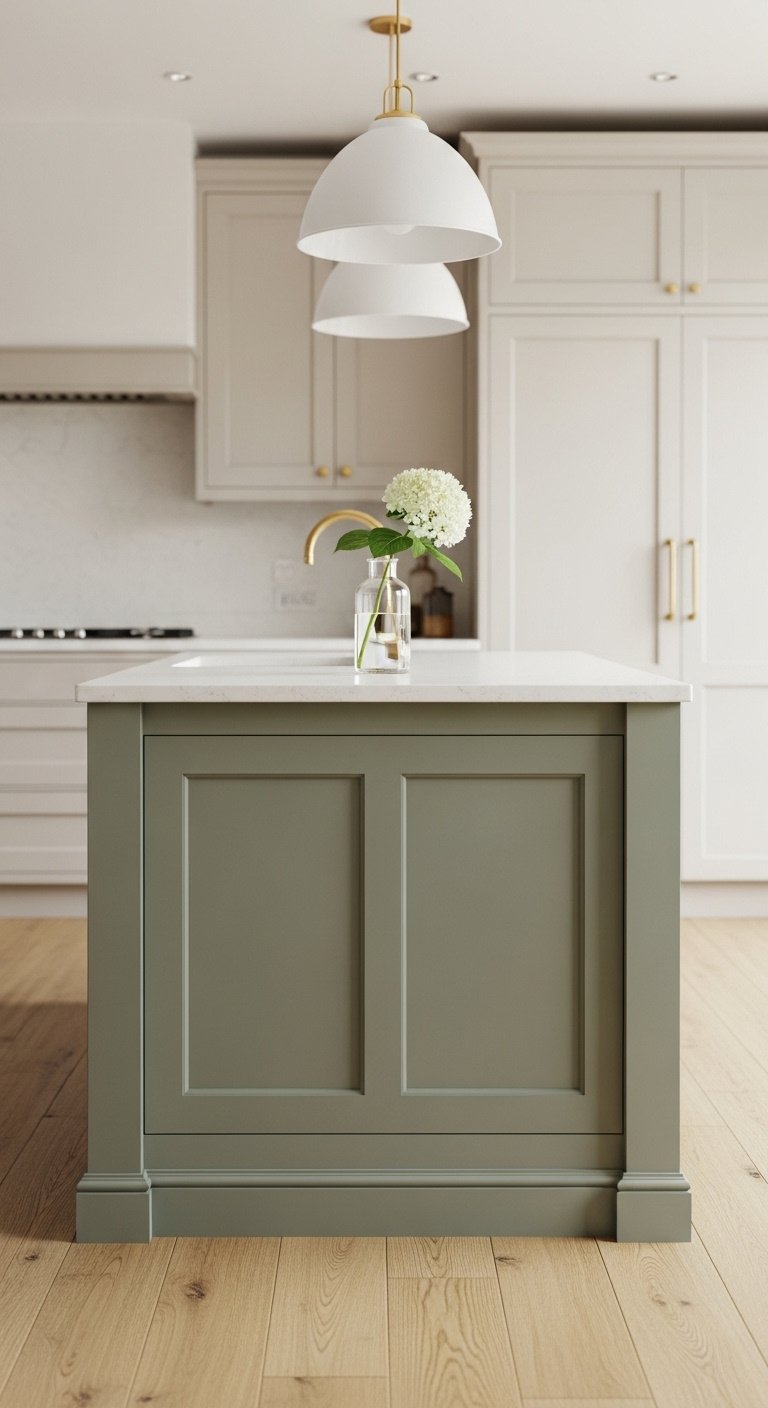 Sage green kitchen island with white quartz countertop and hydrangea in a modern farmhouse kitchen with white shaker cabinets and oak floor