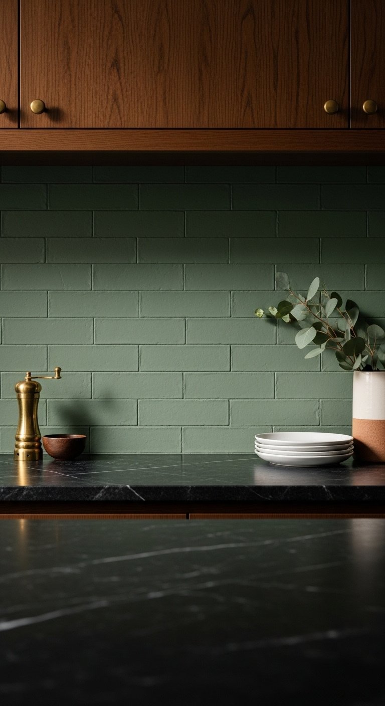 Sage green painted brick backsplash with dark soapstone countertop dark wood cabinets brass pepper mill and eucalyptus in ceramic vase