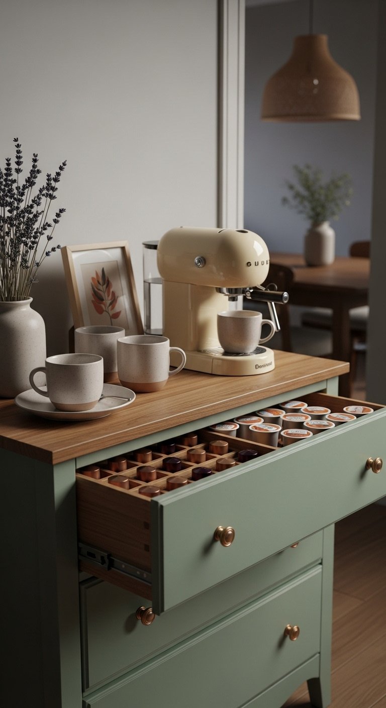 Sage green repurposed dresser coffee bar with retro coffee machine framed art mugs and open drawer with coffee pods