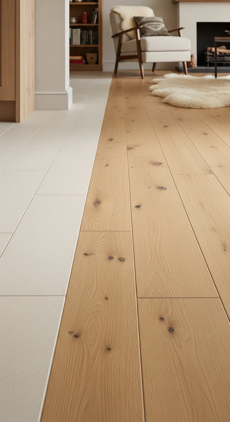 Sandy rectangular tiles gradually blending into oak planks at kitchen to living room transition with soft natural light and cozy rustic mood