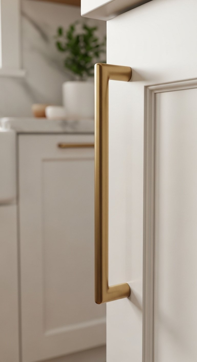 Satin brass cabinet pull on a pristine white shaker cabinet door with soft natural light and elegant minimalist mood