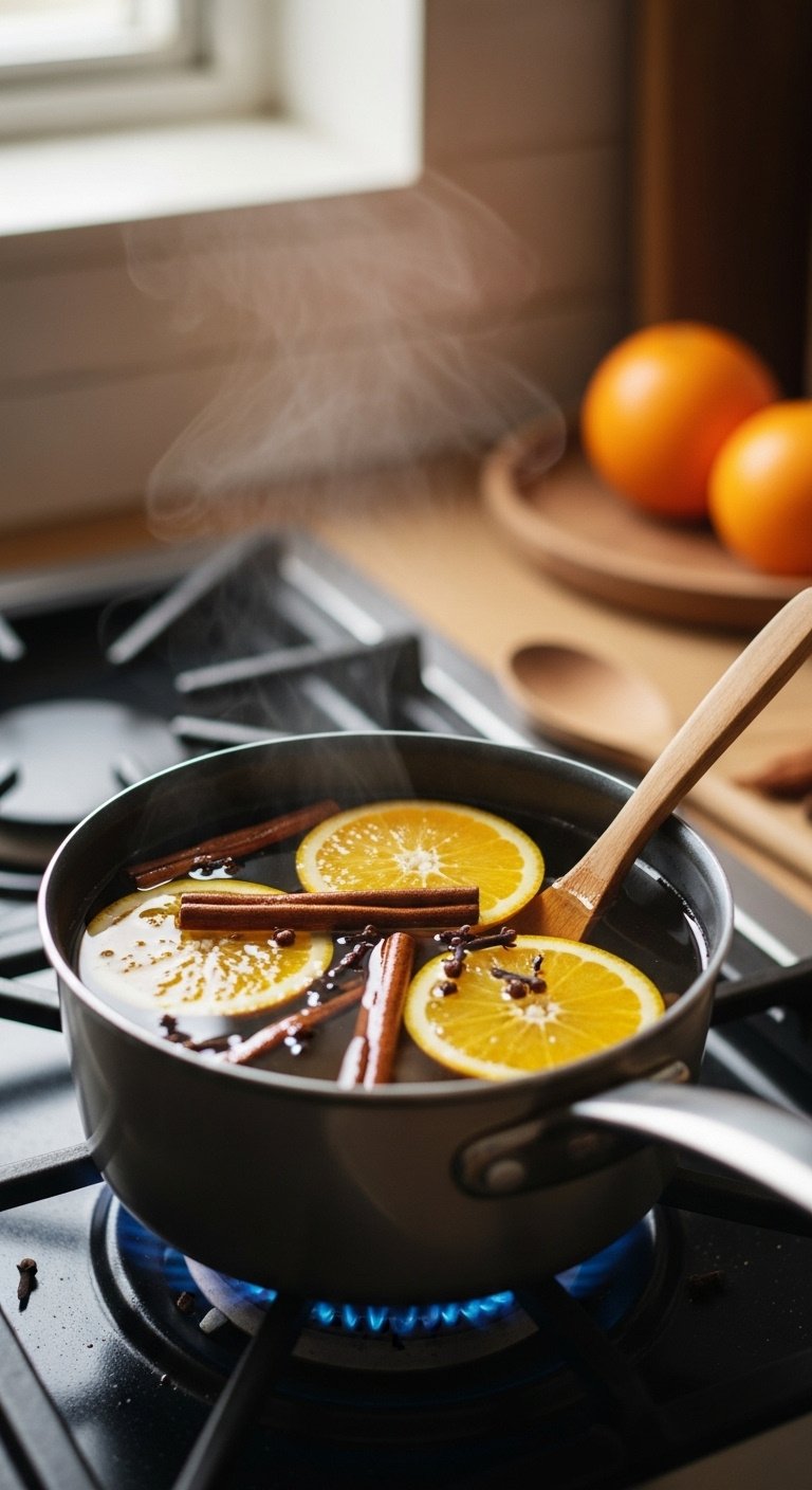 Saucepan simmering on a stove with sliced oranges, cinnamon sticks, and cloves for festive Halloween scents