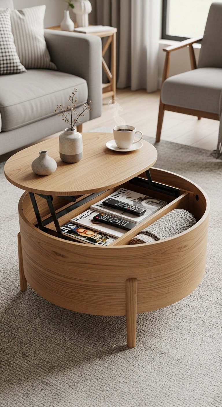 Scaled multi-functional furniture with round wooden coffee table hidden lift-top storage magazines and remote controls
