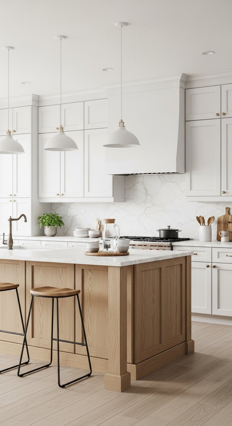 Scandinavian kitchen with white perimeter cabinets and natural white oak island with pendant lights
