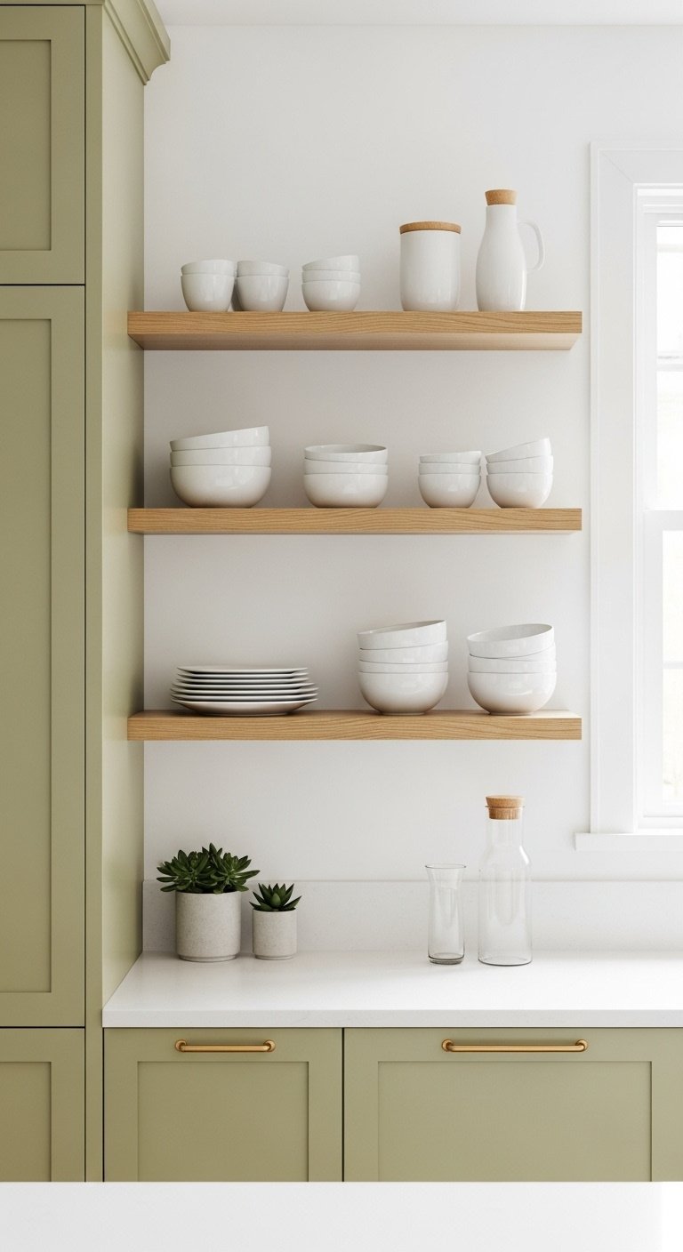 Scandinavian light olive green kitchen with open wood shelves white ceramic dishes white countertop potted succulent glass carafe natural light