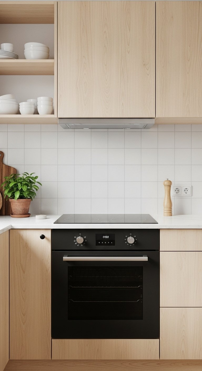 Scandinavian light wood kitchen with a sleek black oven light birch cabinets open shelving white ceramics and a green plant