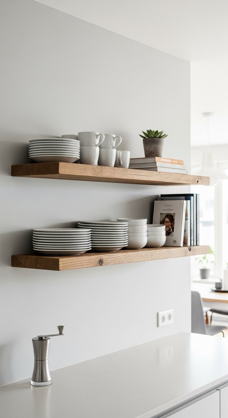 Scandinavian minimalist kitchen dining combo with cohesive reclaimed wood open shelving under bright studio light