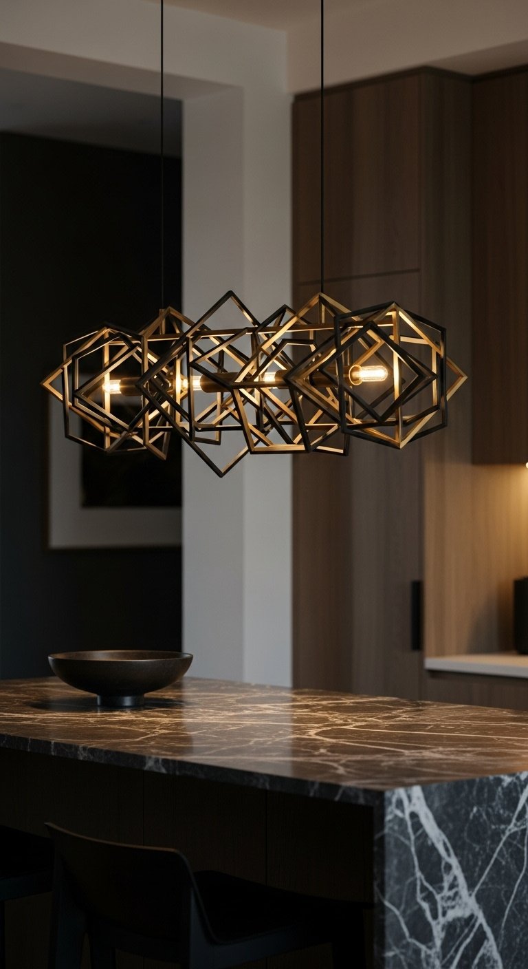 Sculptural chandelier over dark marble kitchen island with black brass geometric forms warm moody light dramatic shadows blurred dark wood cabinets