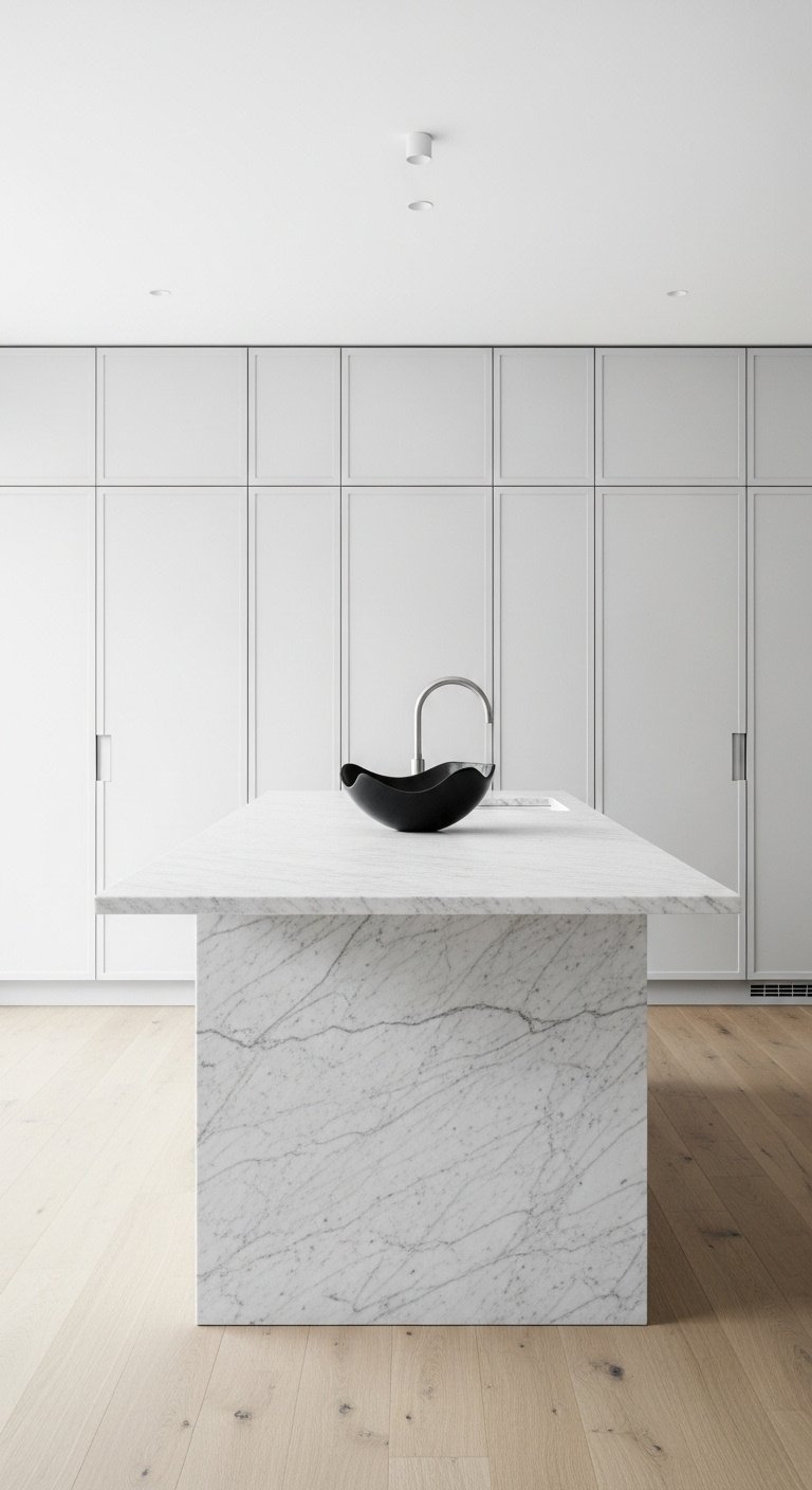Seamless Carrara marble slab kitchen island with a sculptural black bowl in a minimalist white and oak kitchen