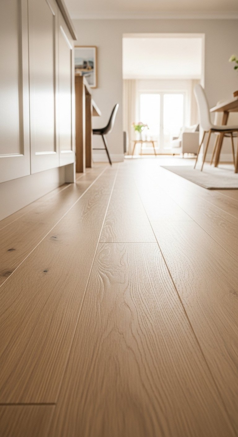 Seamless flow with consistent flooring in open plan kitchen dining living with light-washed oak hardwood floor and white cabinets