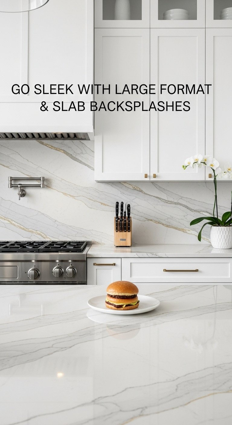 Seamless full slab backsplash Calacatta Gold quartz soft warm grey veining white flat panel cabinets gas range knife block orchid