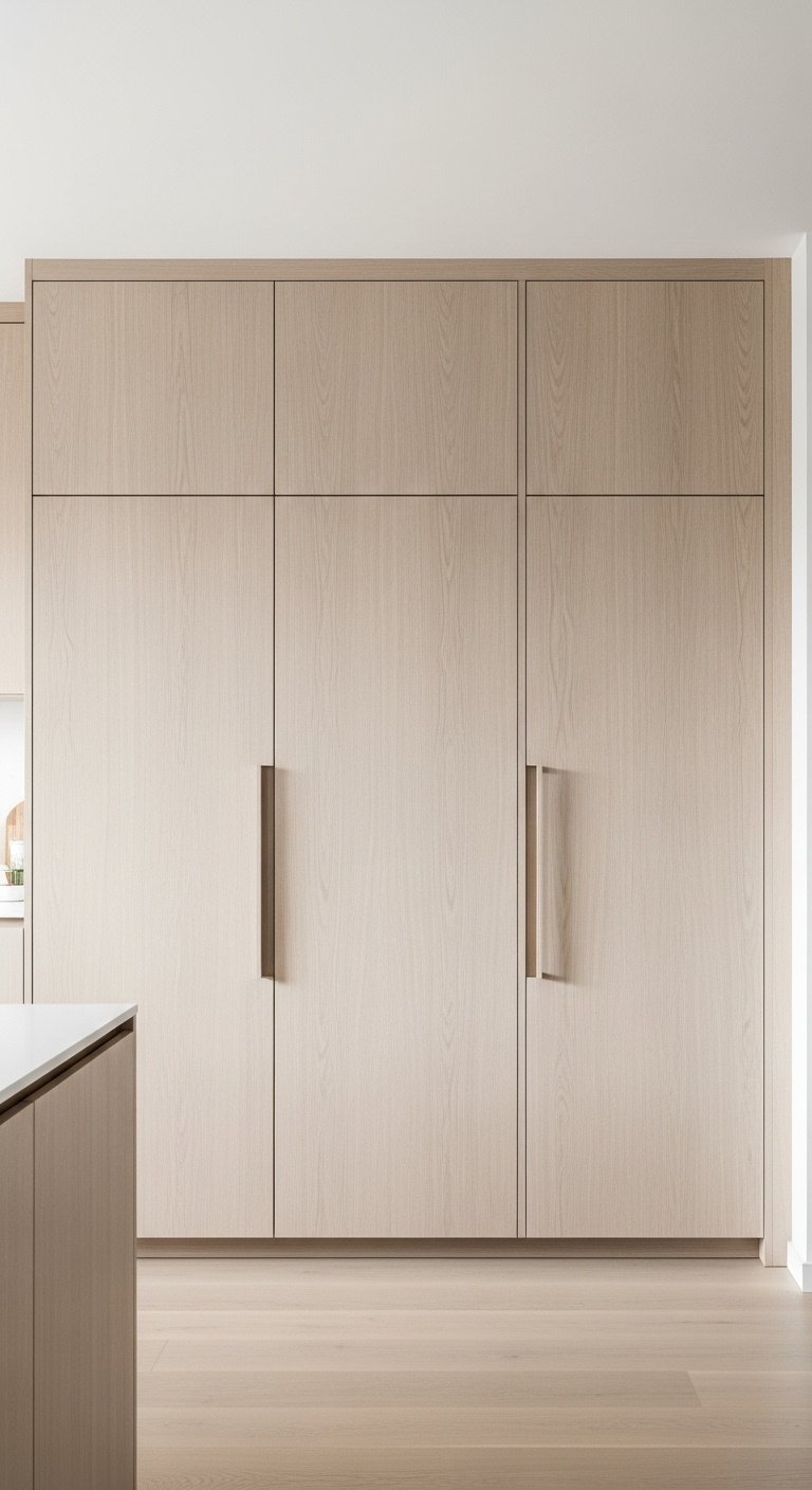Seamless integrated white oak kitchen cabinets forming a clean wood wall with hidden appliances and minimalist design in bright light