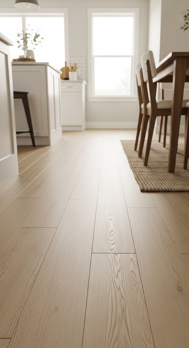 Seamless light oak luxury vinyl flooring connecting modern kitchen and cozy dining nook under diffused sunlight