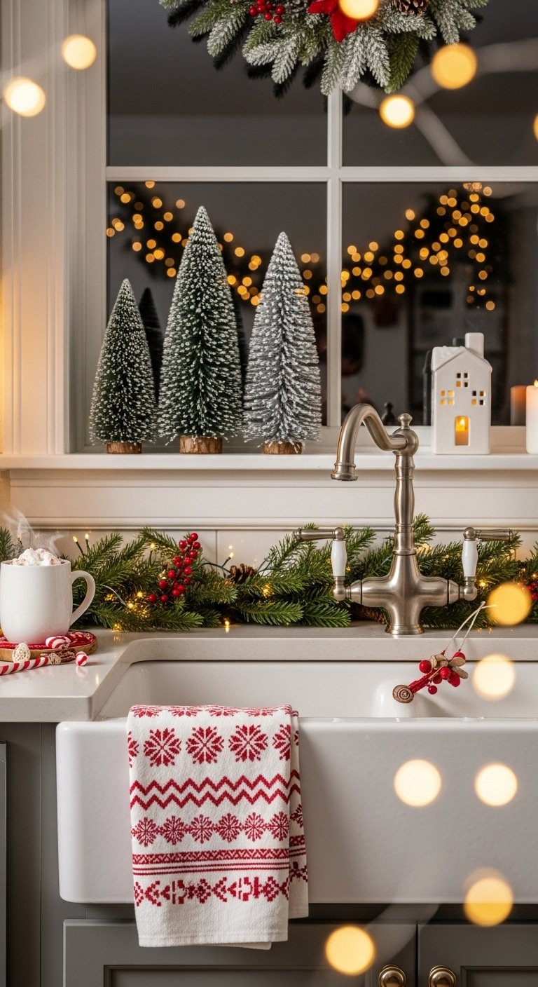 Seasonal kitchen sink decor for Christmas with snow-dusted bottle brush trees white ceramic house candle holder and festive dish towel