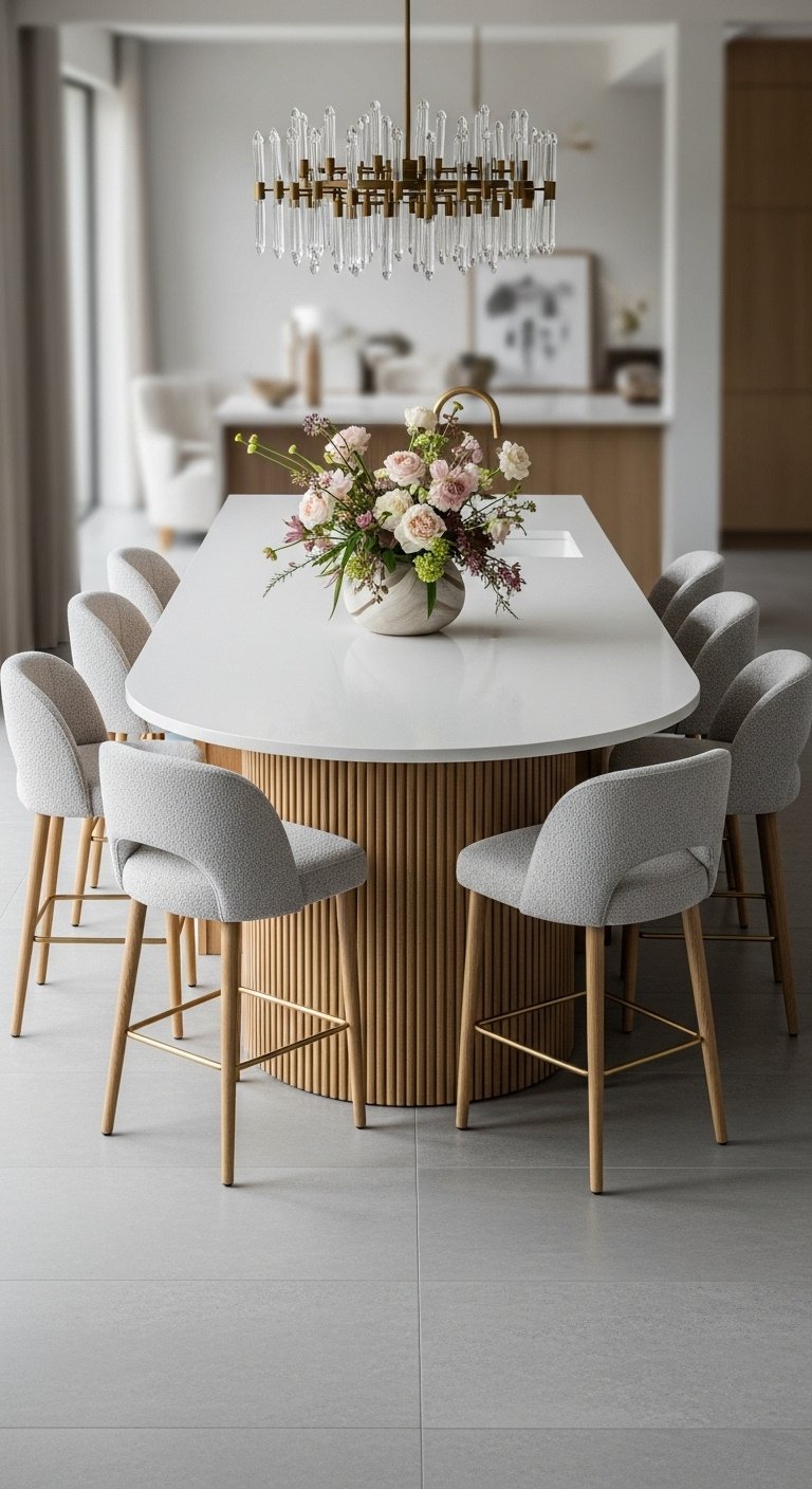 Semi-circular kitchen island with fluted light oak base white Corian top and upholstered curved-back stools