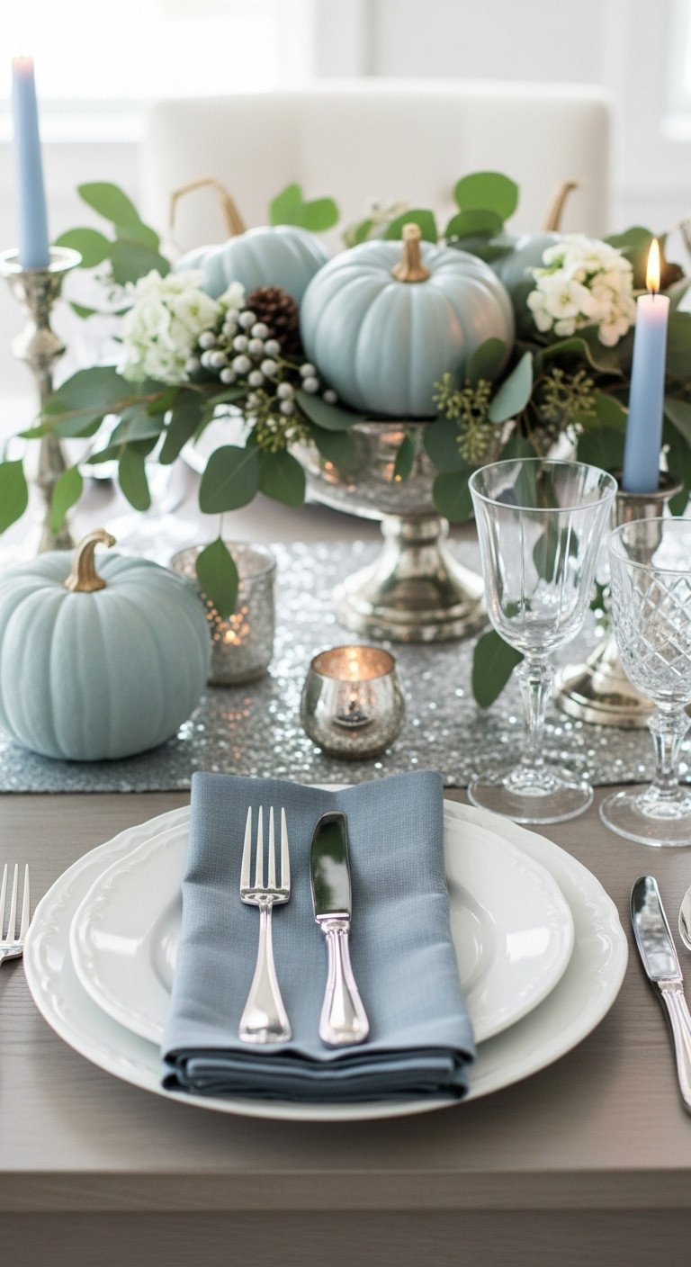 Serene slate blue and silver Thanksgiving tablescape with linen napkins polished silver cutlery and white plates