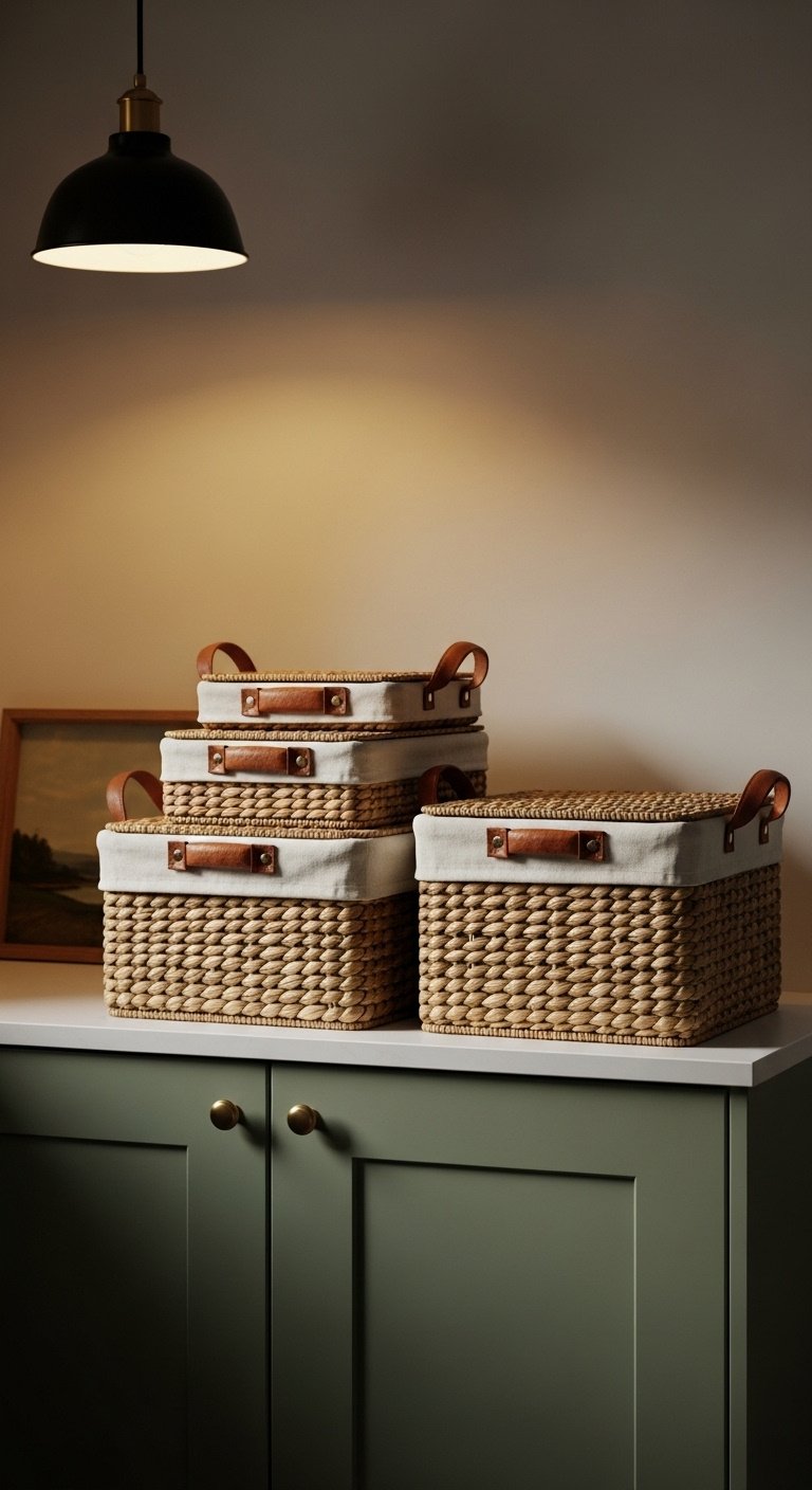 Set of three matching woven hyacinth baskets with leather look handles on top of sage green kitchen cabinets with painting