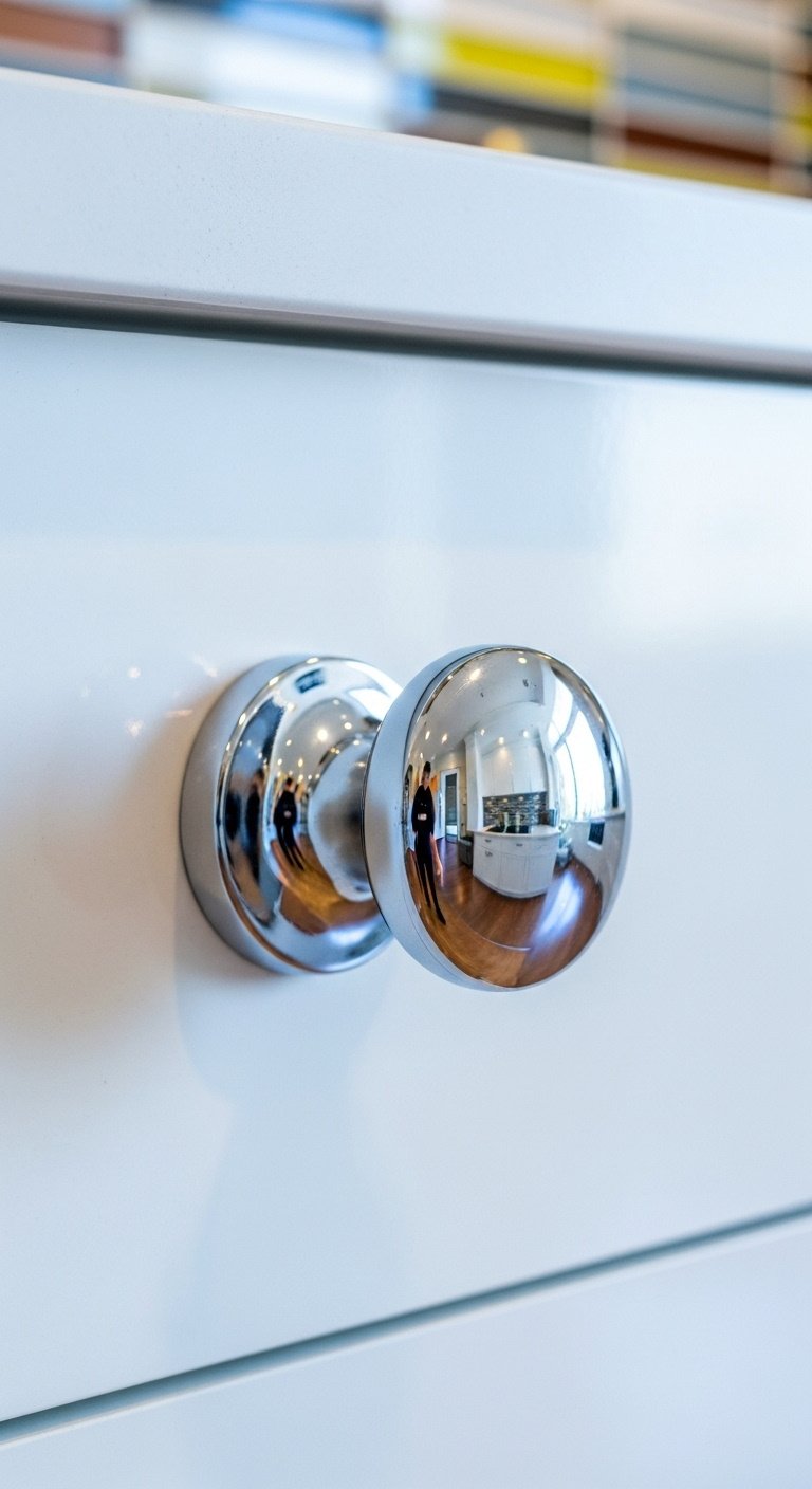 Shiny polished chrome knob on a high-gloss white flat-panel cabinet with bright studio light and vibrant energetic mood