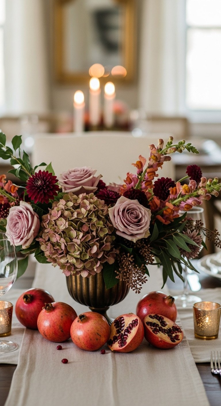 Show-stopping modern Thanksgiving centerpiece with lush floral arrangement in bronze vase antique hydrangeas deep pink roses and pomegranates