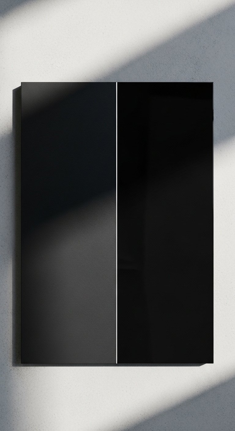 Side by side comparison of a super matte black cabinet door and a high gloss reflective black cabinet door on a concrete background