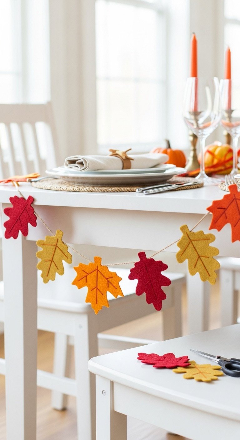 Simple DIY felt leaf garland with oak and maple leaf shapes in red orange and yellow draped on a white kids table