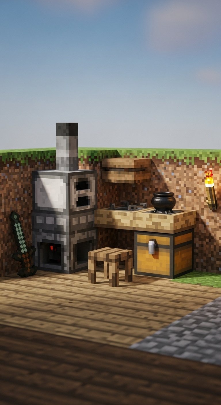 Simple Minecraft survival kitchen with oak planks cobblestone furnace crafting table chest and cauldron