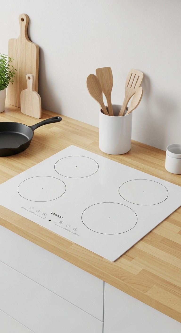 Simple Scandinavian kitchen with sleek white induction cooktop light wood countertop cast iron pan and green plant