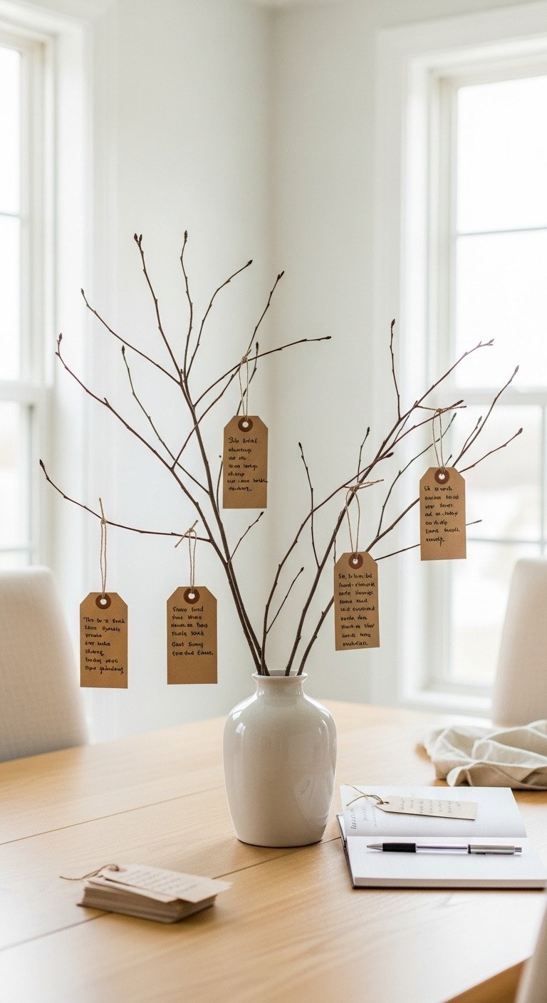 Simple Thankful Tree centerpiece with bare branches paper tags of gratitude and ceramic vase on a light wood dining table