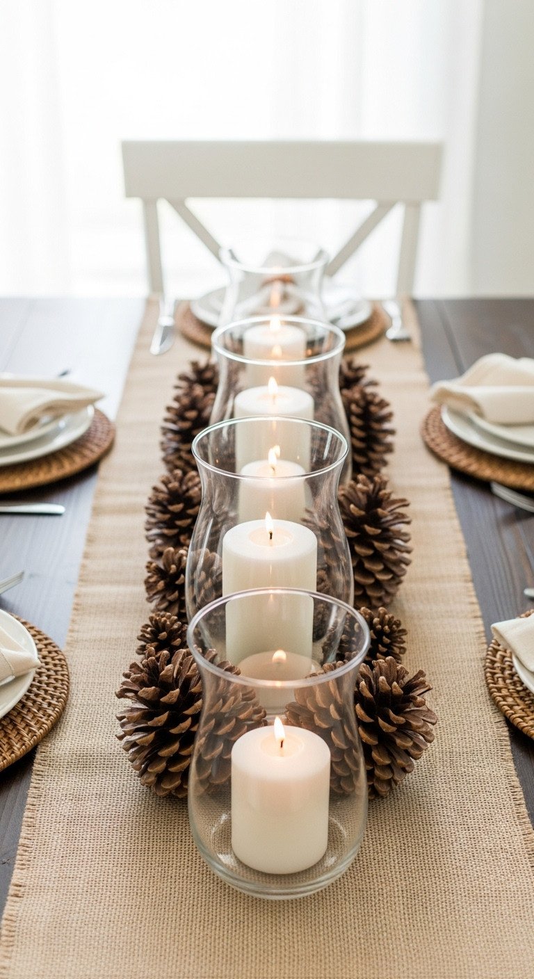 Simple burlap and pinecone charm outdoor Thanksgiving tablescape with burlap runner pinecones and pillar candles in glass hurricanes