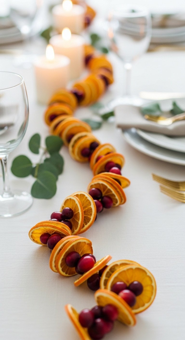 Simple dried orange and cranberry garland draped on a white linen Thanksgiving tablecloth with scattered eucalyptus leaves and gold cutlery