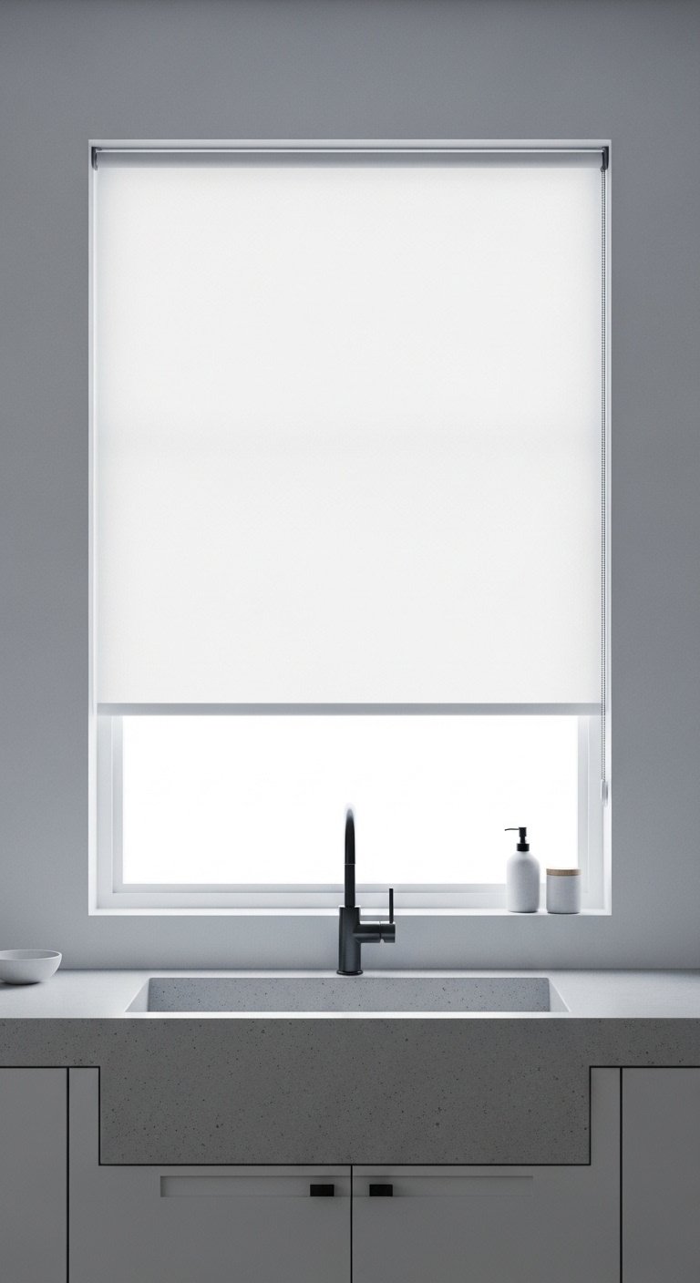 Simple roller shade white light-filtering pulled down above a kitchen sink with concrete countertop and black faucet