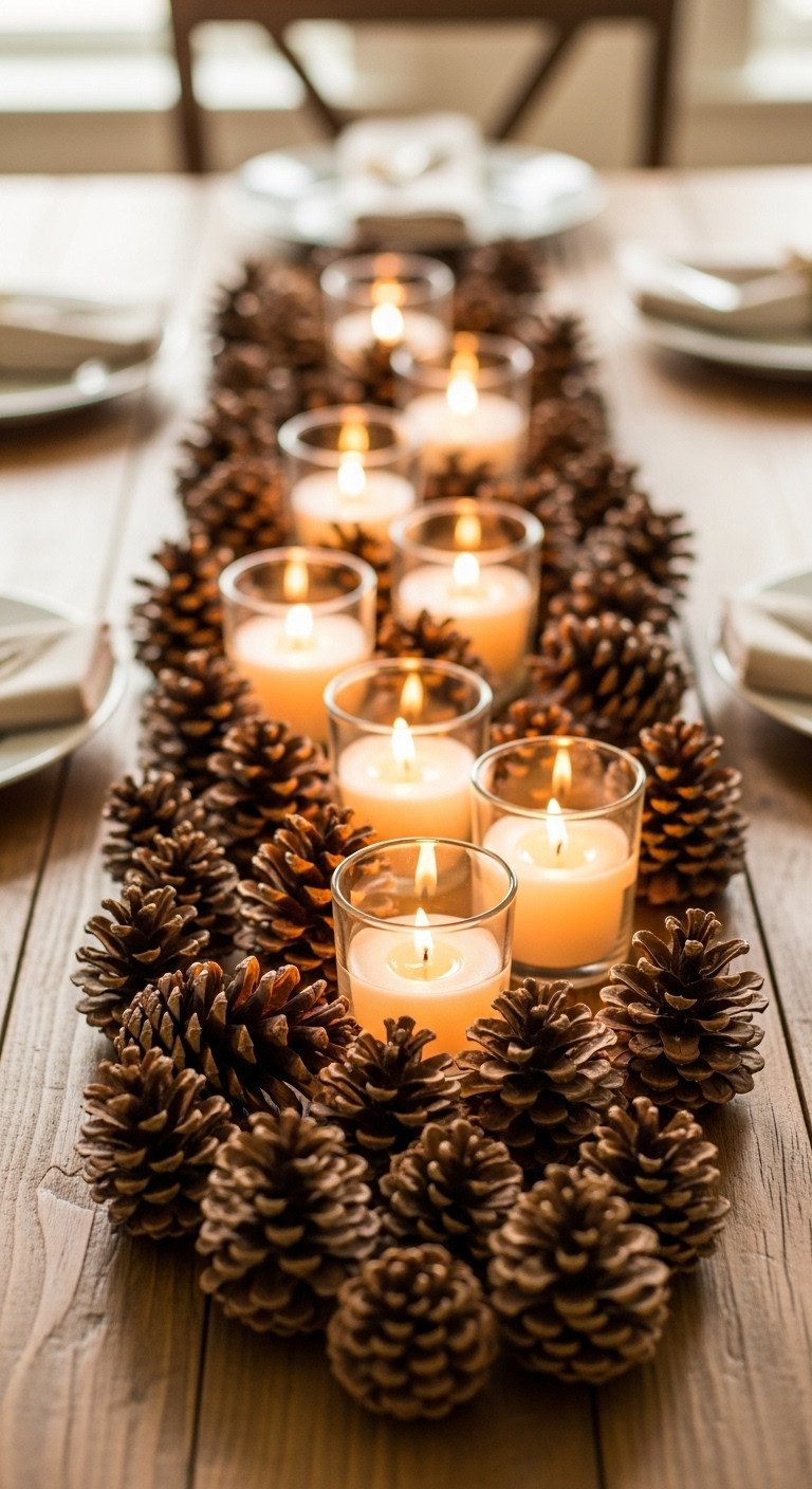 Simple sweet budget-friendly pinecone and votive display on a rustic wooden Thanksgiving table setting