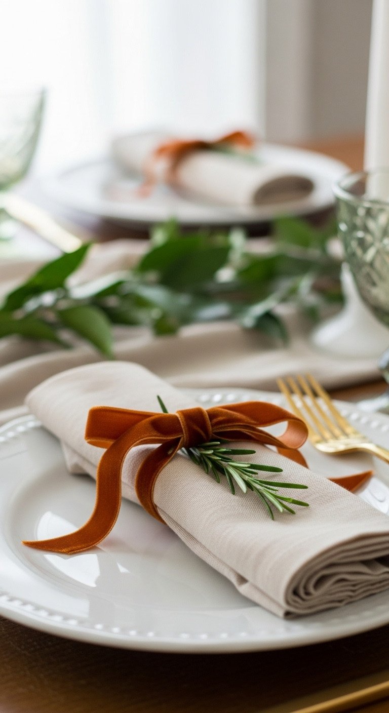 Simple vintage Thanksgiving napkin with oatmeal linen and rust-orange velvet ribbon with rosemary sprig
