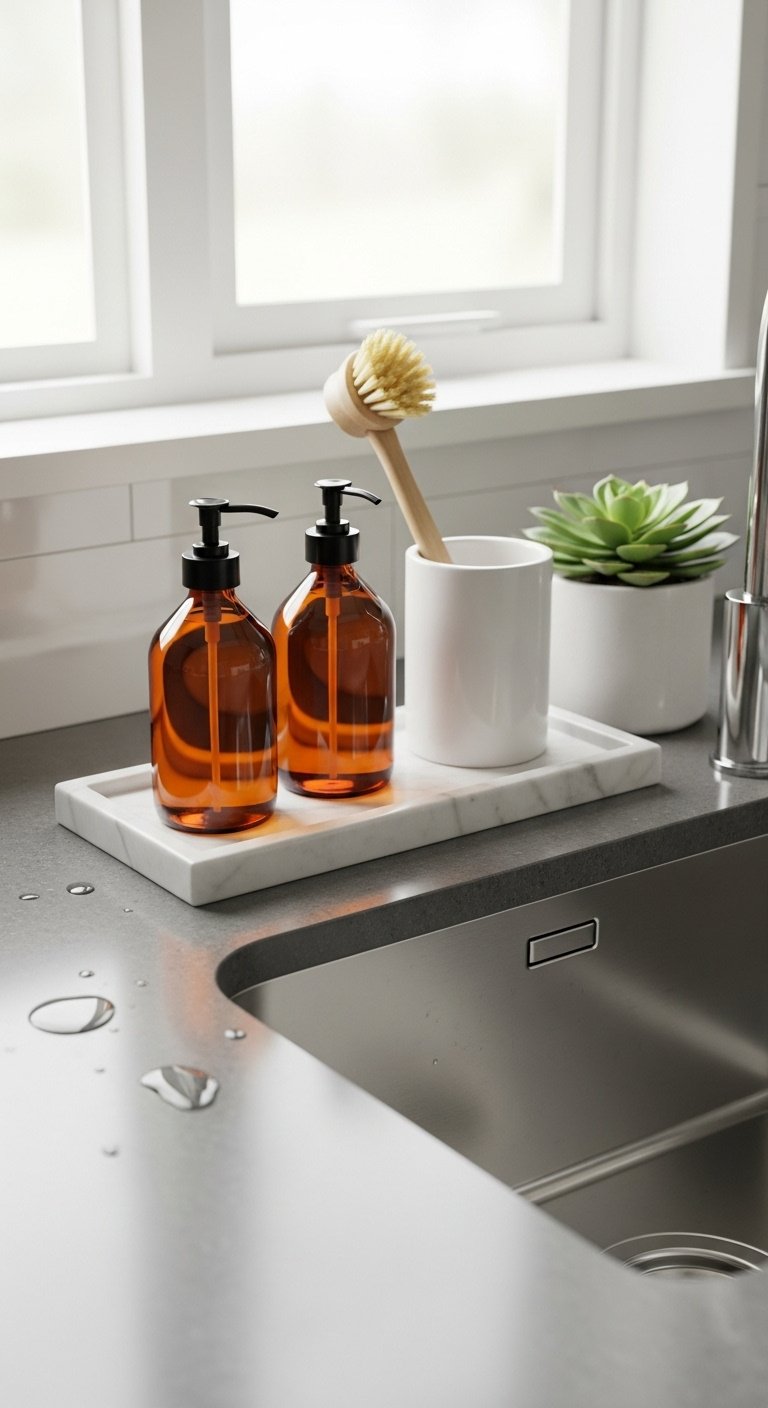 Sink station with a decorative white marble tray amber soap dispensers wooden dish brush and potted succulent