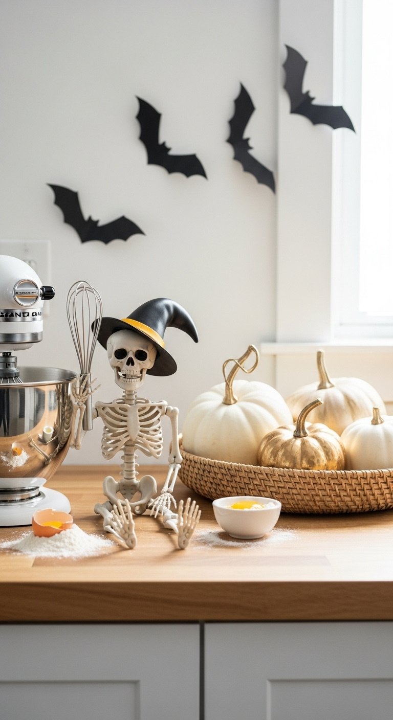 Skeleton sous-chef in a witch hat holding a whisk next to a stand mixer, woven basket with white and gold pumpkins, and paper bats on a butcher block counter